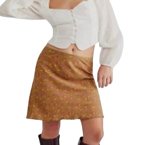 Free People Midi Skirt IRL Floral Olive Green Midi Skirt Lettuce Hem, New w/ Tag - Picture 2 of 8